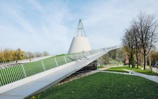 Pitched green roof with lawn and railing